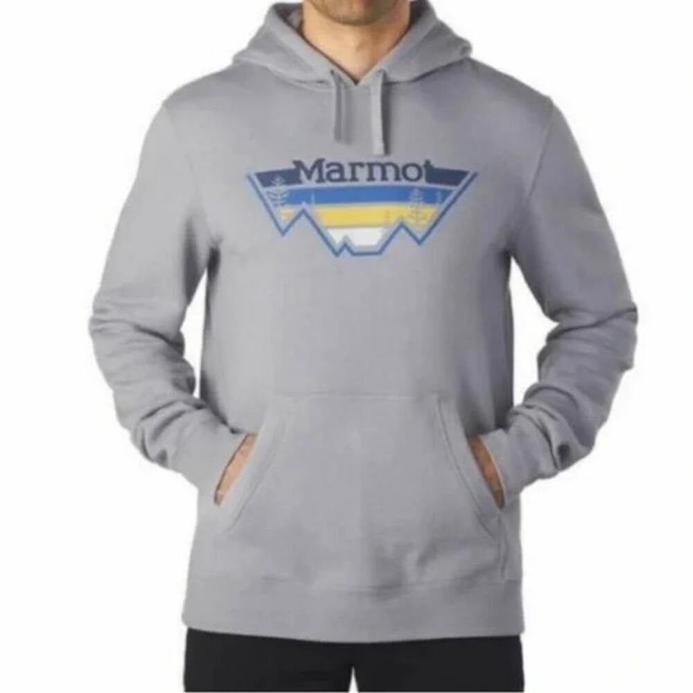 Marmot Logo Hoodie Graphic Pullover Pouch Pockets Drawstring Cotton Gray XL - Picture 1 of 6